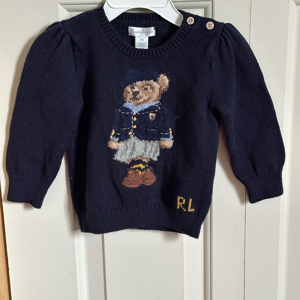 Ralph Lauren Navy Bear Knit Sweater with Intarsia Polo Bear